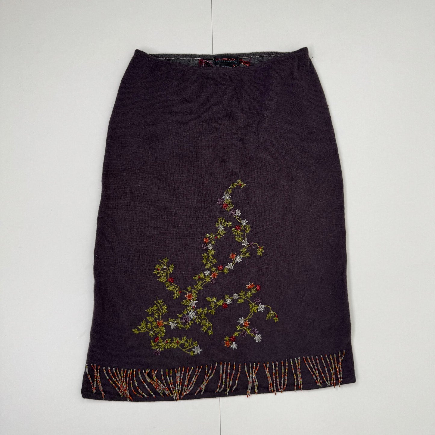 Vintage Y2K Custo Barcelona Floral Embroidered Beaded Fringe Midi Skirt Knit