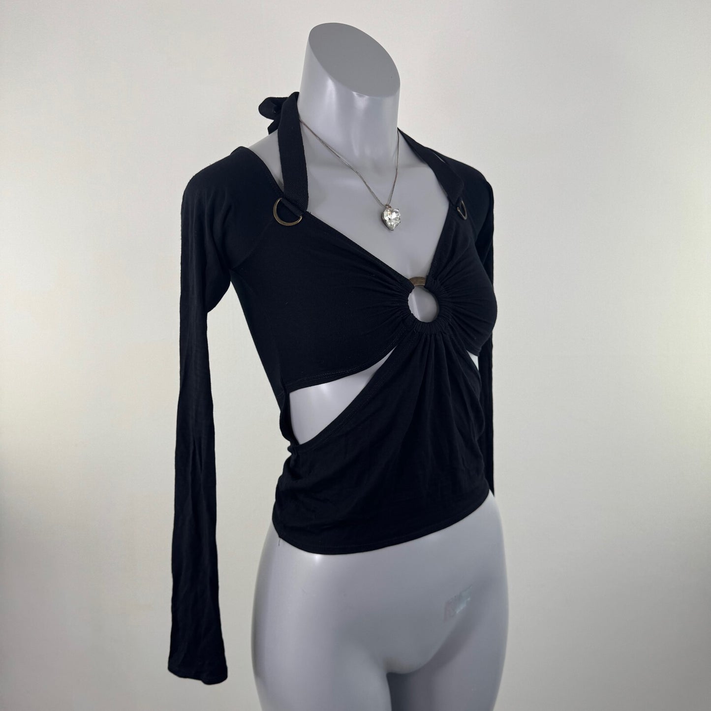 Y2K vintage long sleeve top cut out o ring halter neck v neck low cut