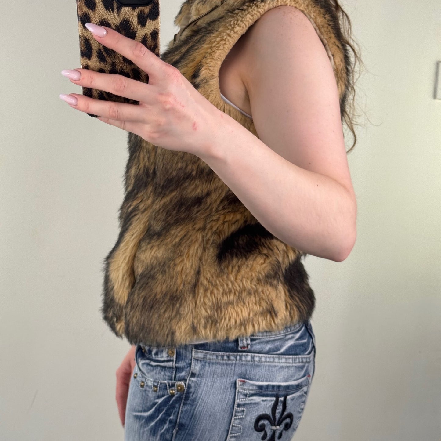Y2K vintage gilet bodywarmer zip up faux fur high neck brown two tone pockets