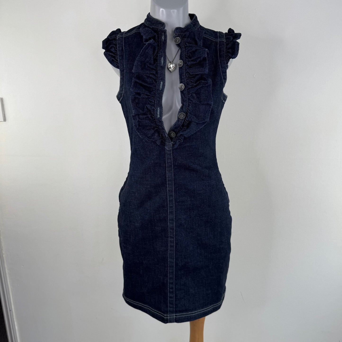 Y2K vintage Ted Baker denim mini dress ruffle bust button up sleeveless fitted