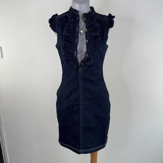 Y2K vintage Ted Baker denim mini dress ruffle bust button up sleeveless fitted