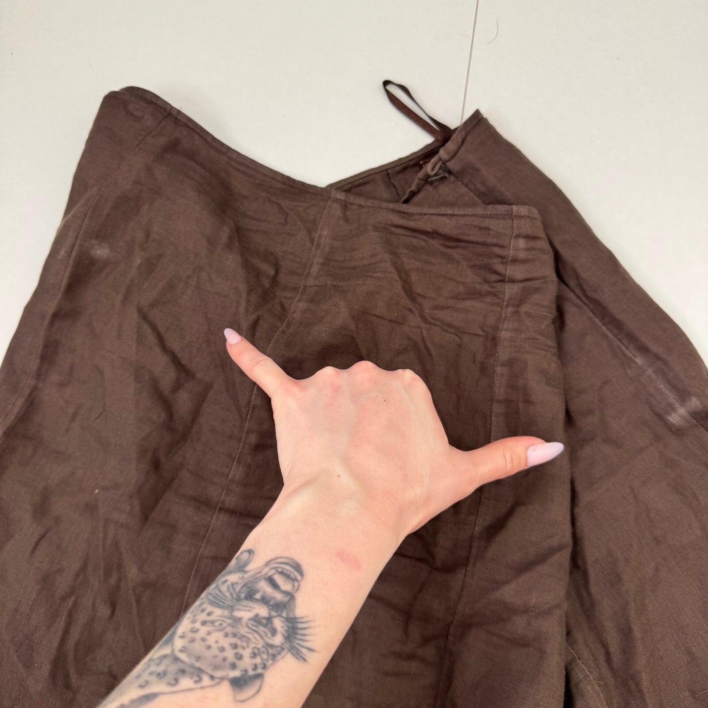 Y2K vintage Per Una maxi skirt 100% linen boho leaf sheer mesh brown a line