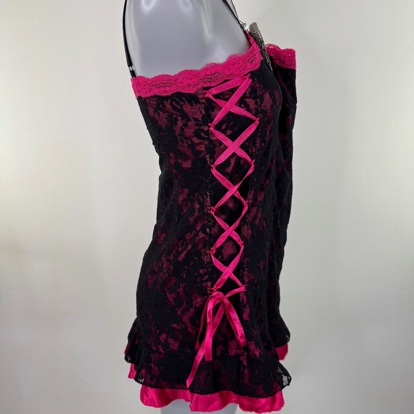 Y2K vintage chemise babydoll mini dress lace up trim frilly rara pink black bow