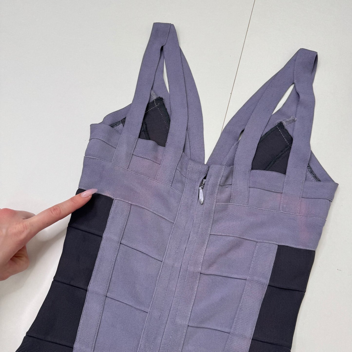 Vintage Hervé Léger bandage midi dress dusty lilac dark blue block colour