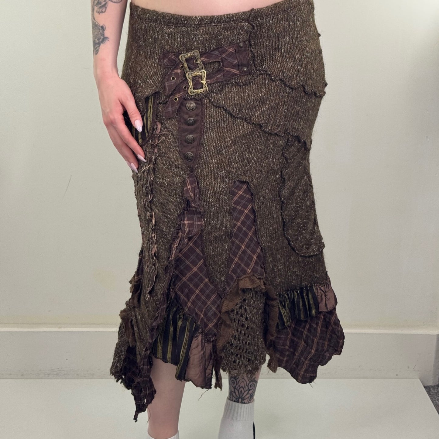Y2K vintage Juju & Christine maxi skirt knit patchwork buckle boho asymmetrical