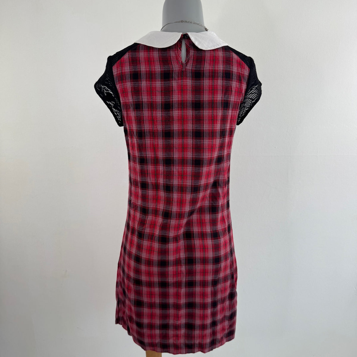 Y2K vintage tartan mini dress bow a line collar short sleeve sheer plaid print