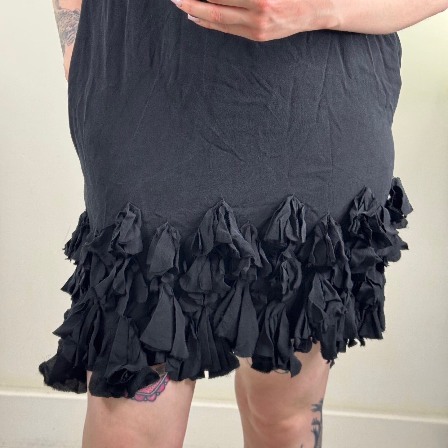 Y2K vintage Jaeger 100% silk midi dress ruffle bead straps bow frilly pockets