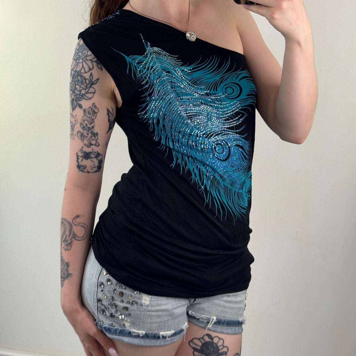 Y2K vintage Jane Norman top one shoulder short sleeve peacock feather rhinestone