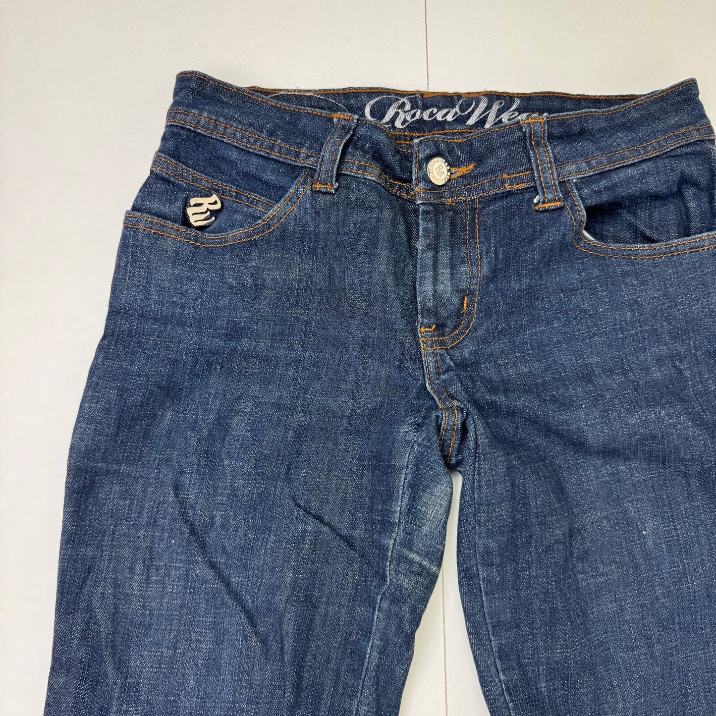 Y2K vintage Rocawear low rise bootcut denim jeans dark denim wash embroidered