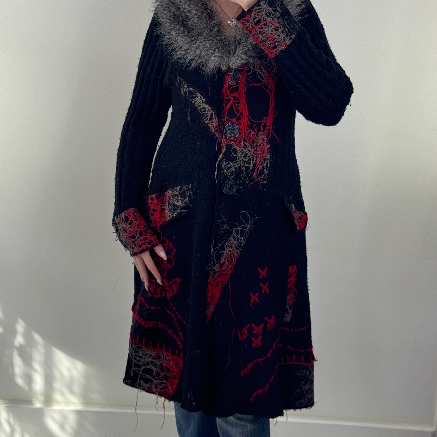 Y2K vintage cardigan wool blend chunky knit faux fur trim collar long floral