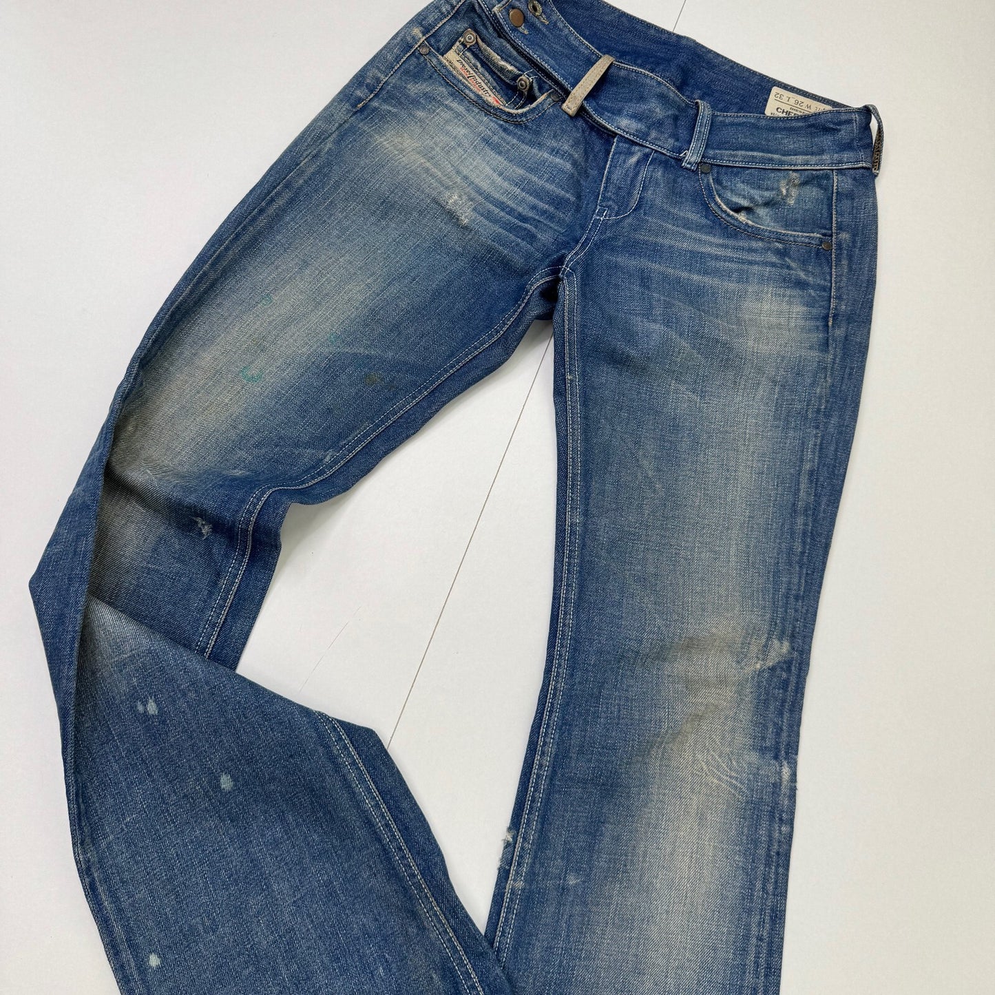 Y2K vintage Diesel bootcut denim jeans low rise faded blue wash belt buttons