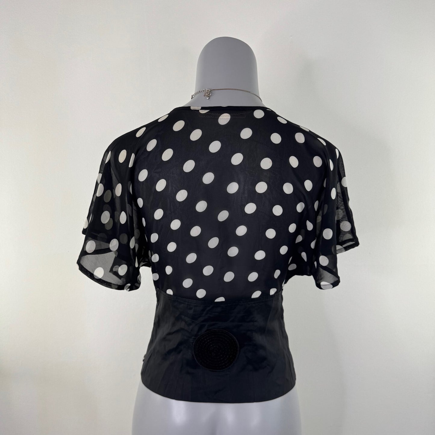 Y2K vintage blouse short flare sleeve polka dot sequin waistcoat button up sheer