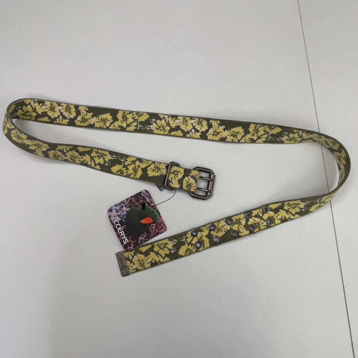 Y2K vintage canvas belt thin skinny grommet hibiscus floral yellow khaki