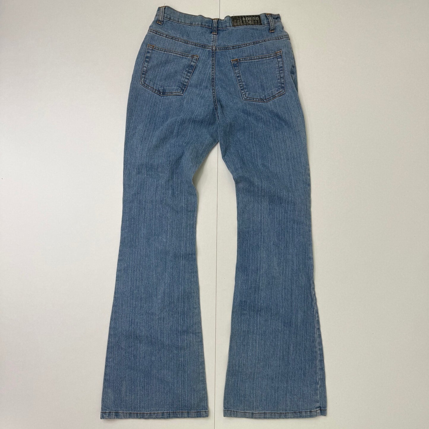 Y2K vintage bootcut denim jeans cut out beaded floral pattern light blue wash