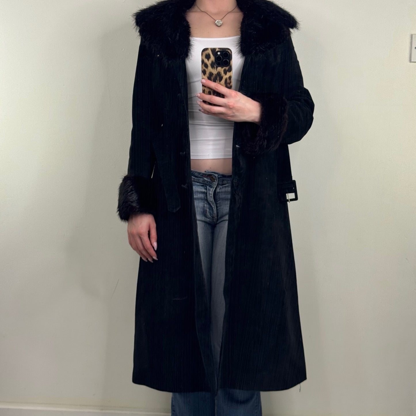 Vintage genuine fur / suede trench coat with belt button up lined classic midi