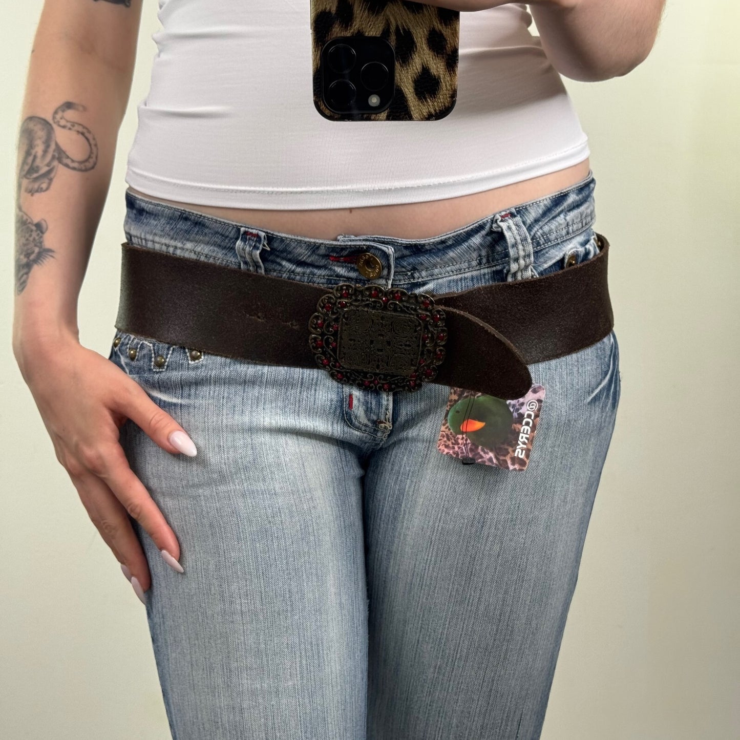 Y2K vintage genuine leather belt chunky rhinestone buckle red brown boho