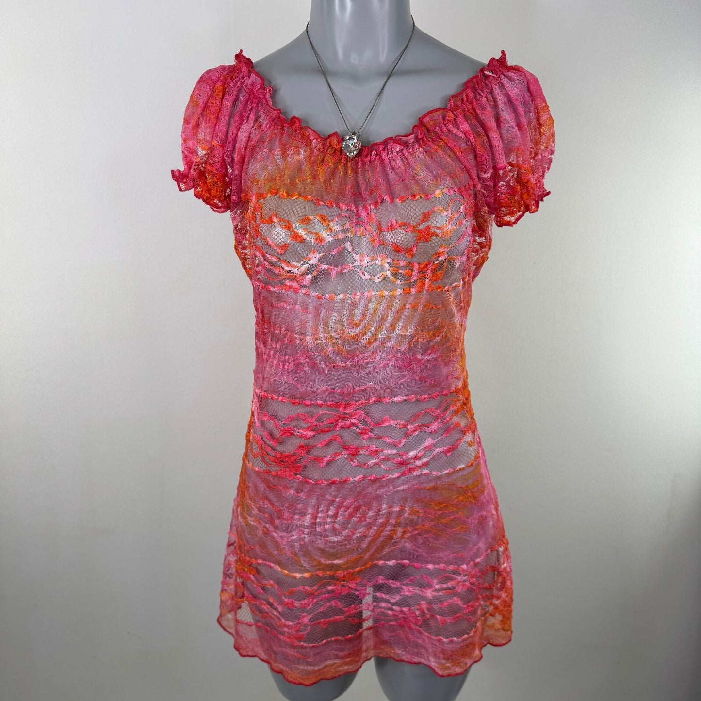 Y2K vintage Per Una short sleeve top mesh sheer floral lace ombre stretchy
