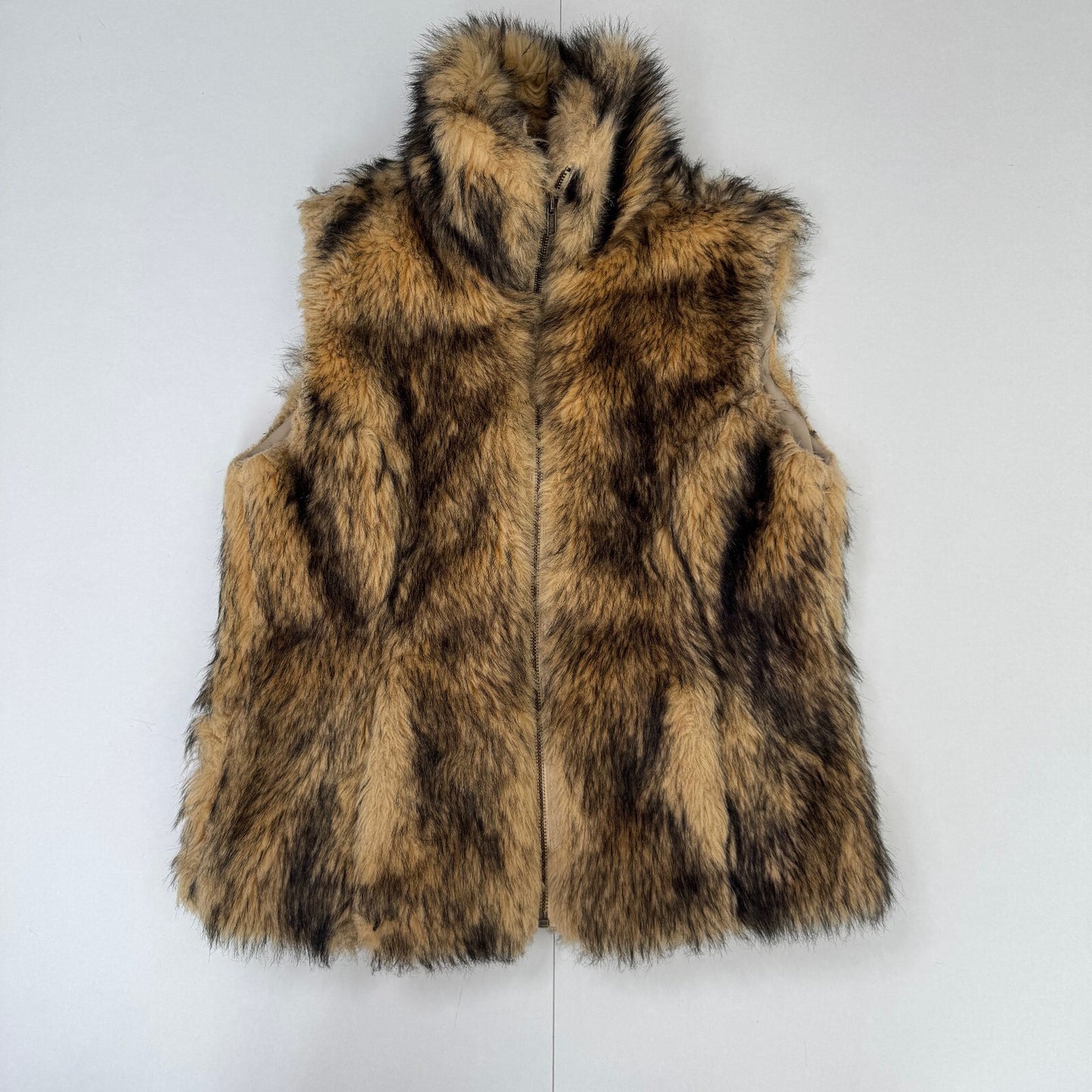 Y2K vintage gilet bodywarmer zip up faux fur high neck brown two tone pockets