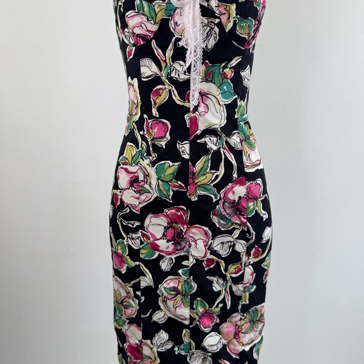 Y2K vintage midi dress floral rose pattern fitted bodycon lace up bust coquette