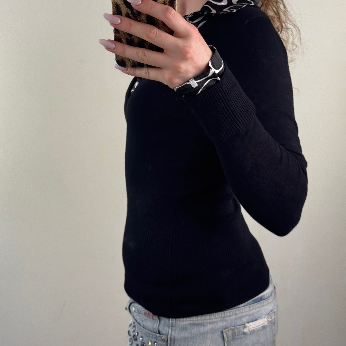 Y2K vintage Jane Norman long sleeve top fine knit collared fitted built in shirt