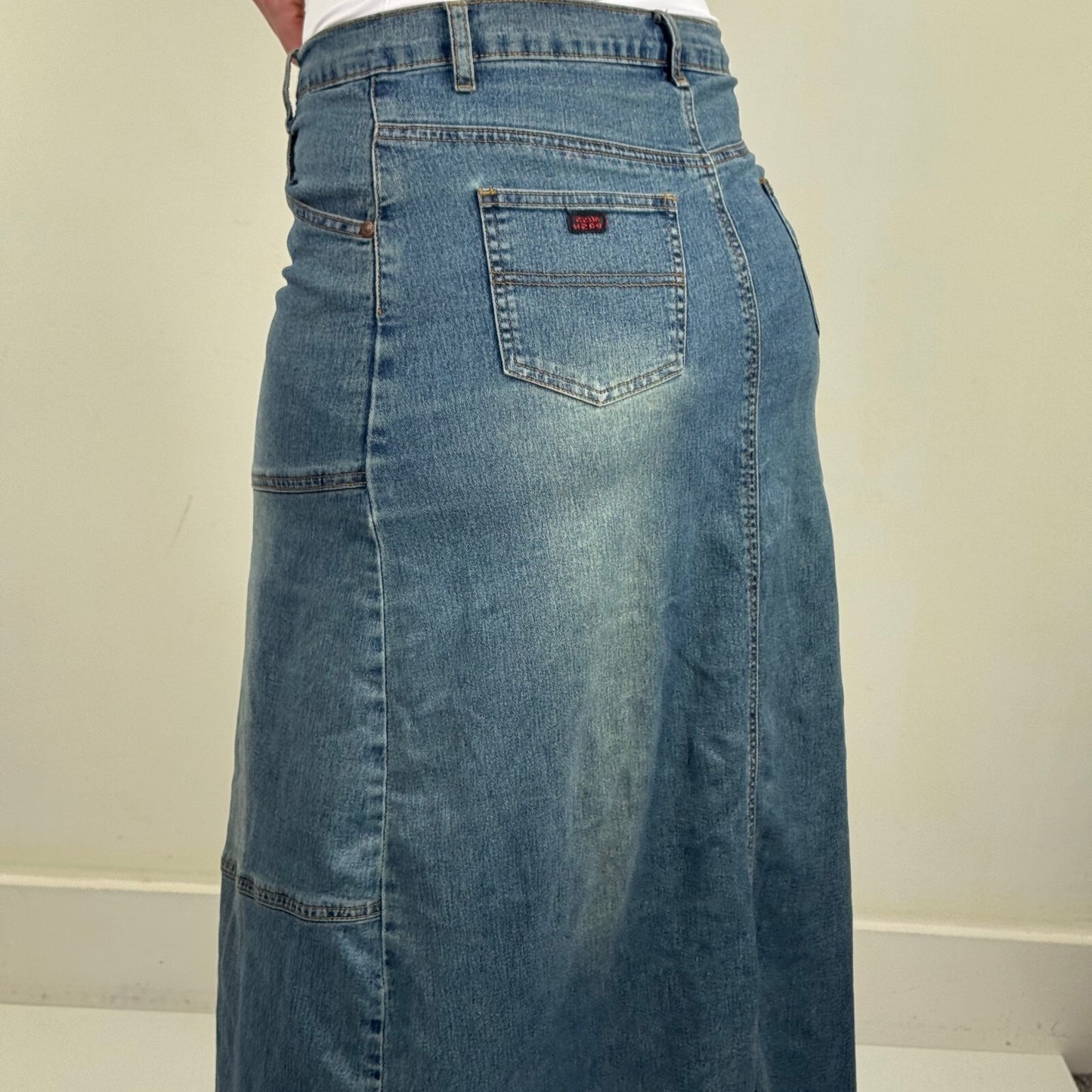 Y2K vintage maxi skirt denim faded mid blue wash stretchy fitted a line slit