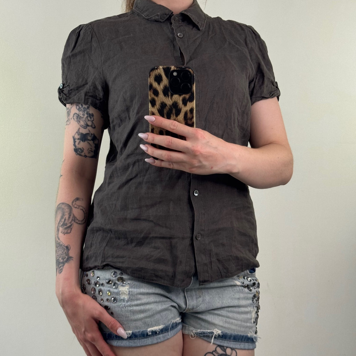 Y2K vintage linen blouse button up dark brown shirt short sleeve lightweight