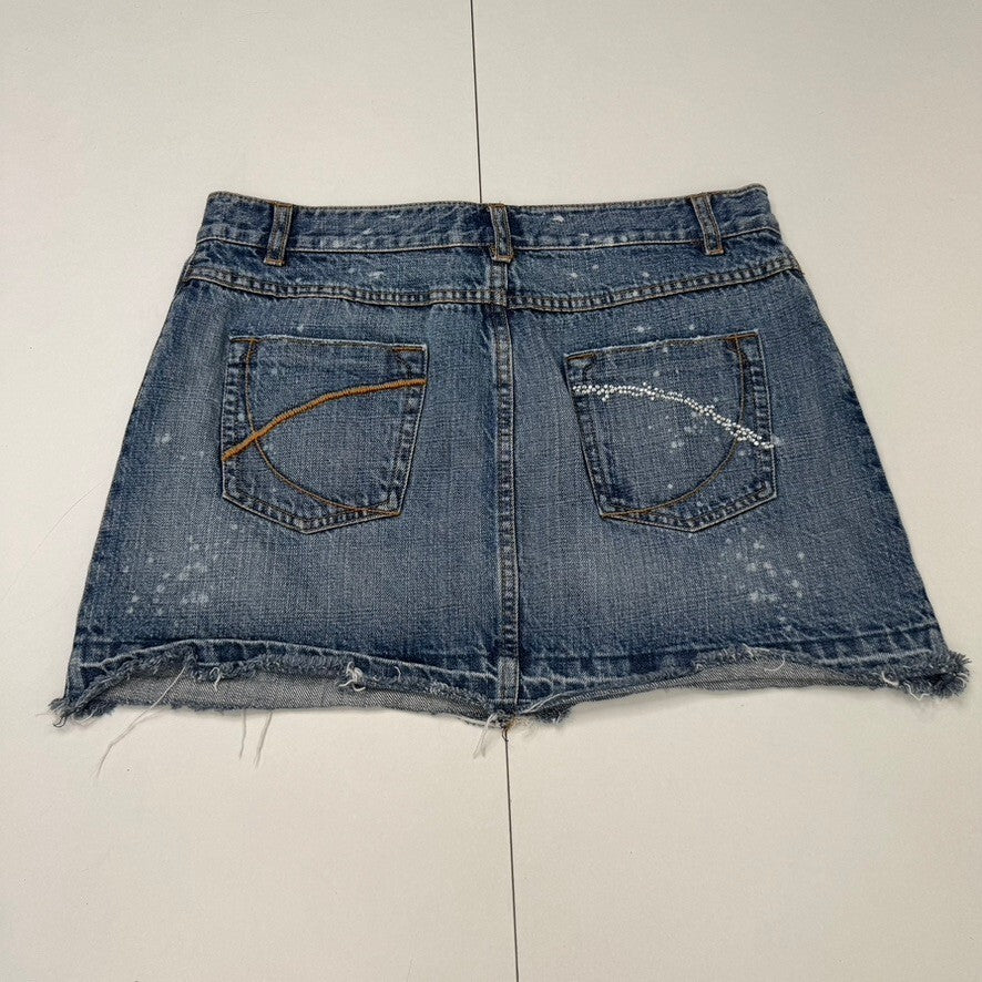 Y2K vintage mini skirt mid blue wash denim rhinestone distressed fraying hem