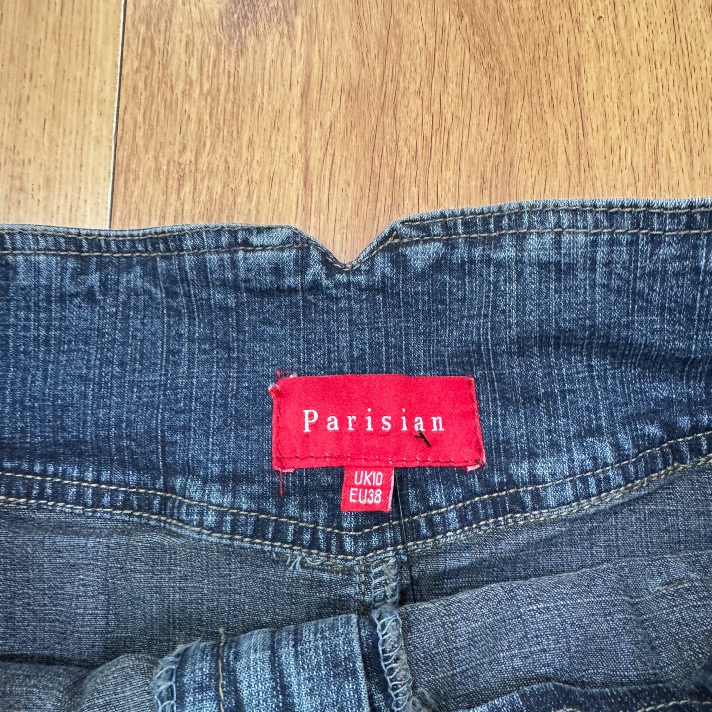 Y2K vintage denim mini skirt low rise stretchy pockets faded dark blue wash