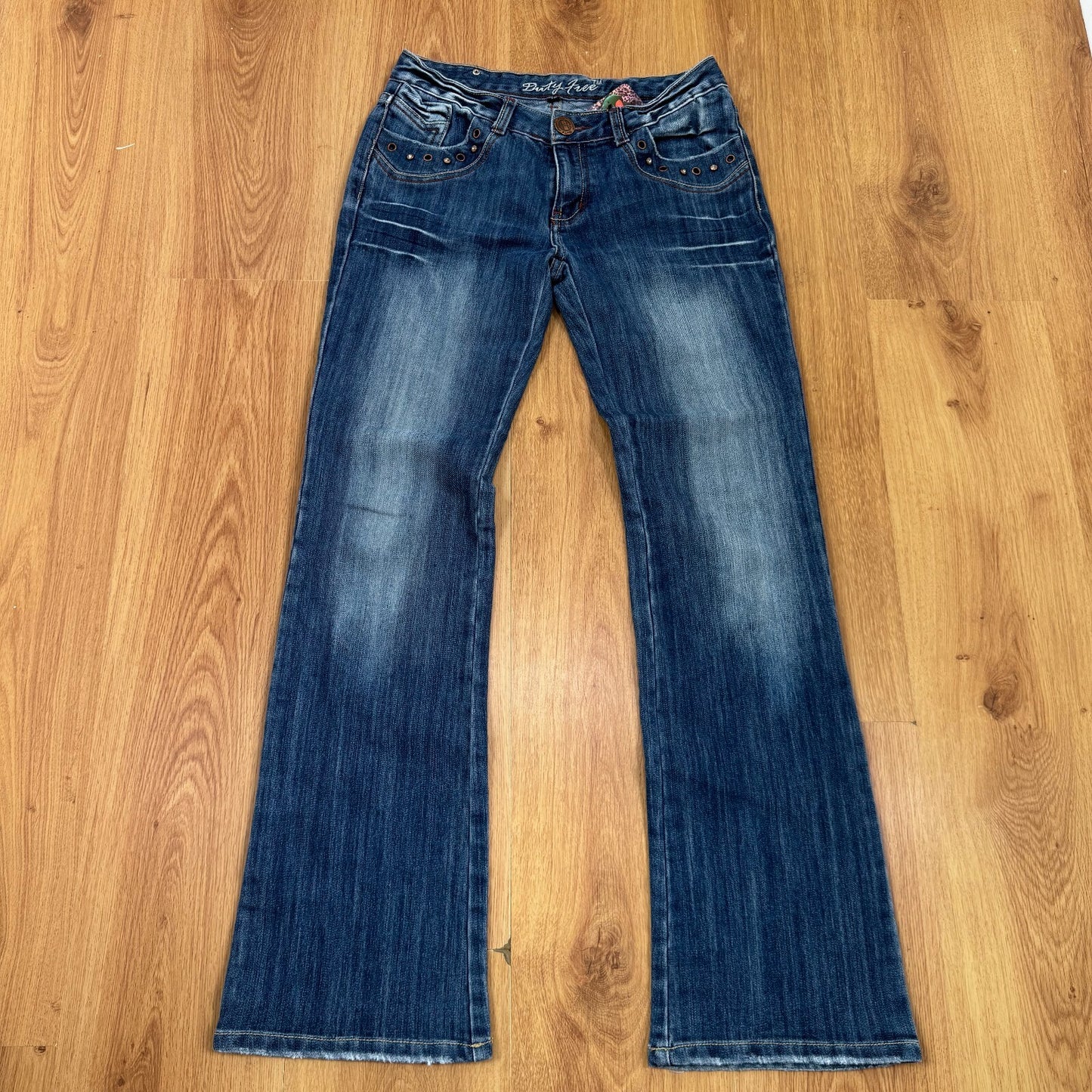 Y2K vintage bootcut denim jeans low rise rhinestones embroidered pockets faded