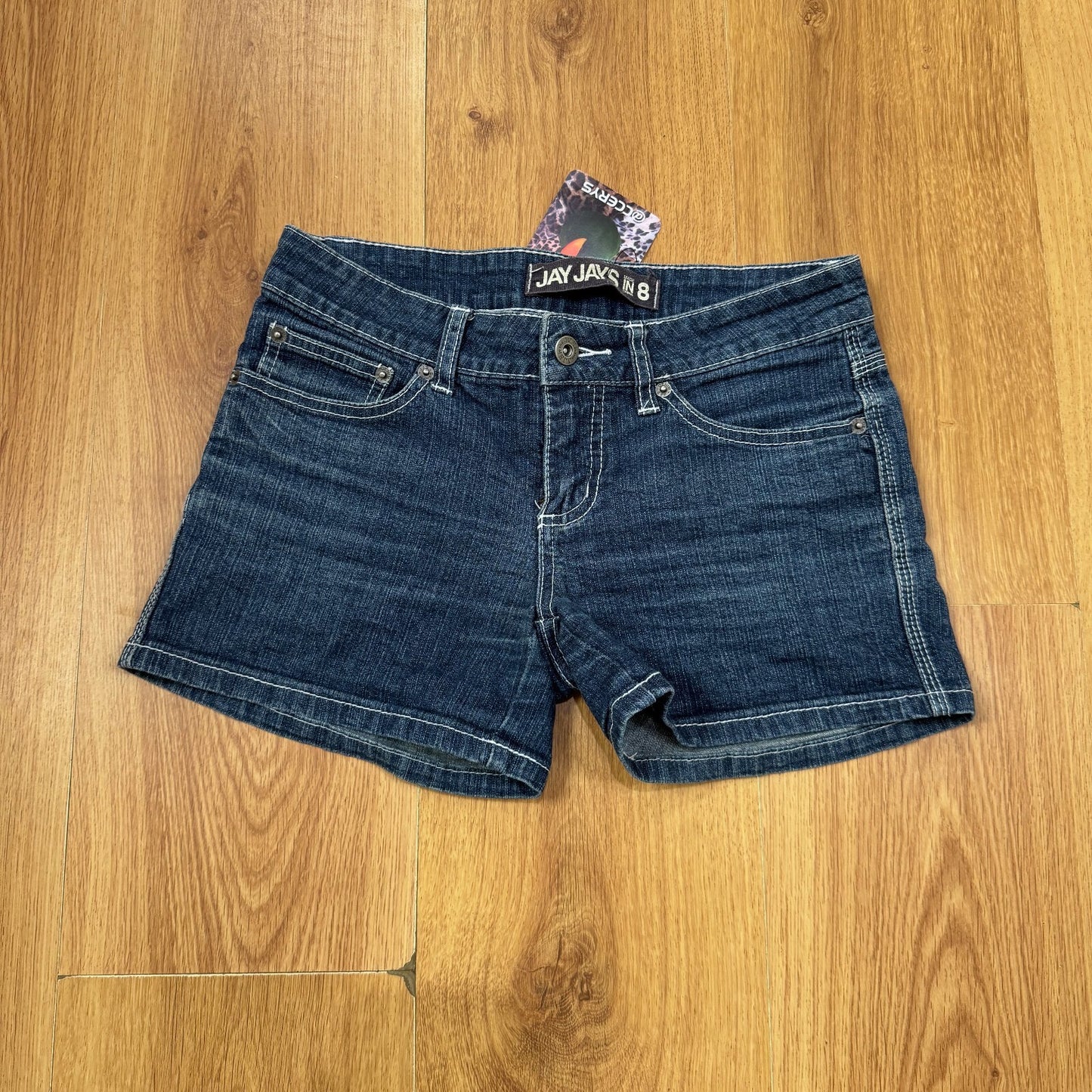 Y2K vintage mini shorts low rise denim dark blue wash contrast stitch stretchy