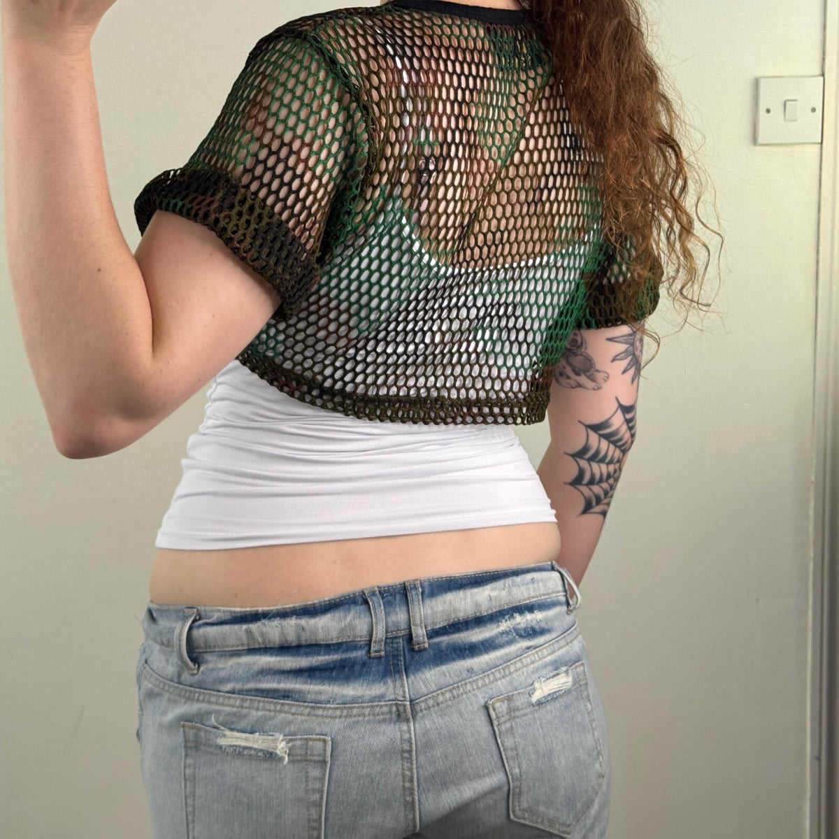 Y2K vintage super crop top camo print sheer short sleeve net sheer knit netted