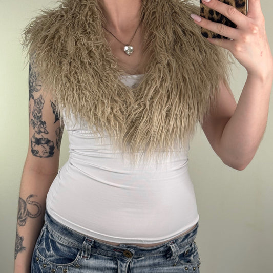Y2K vintage faux fur scarf shaggy beige shawl