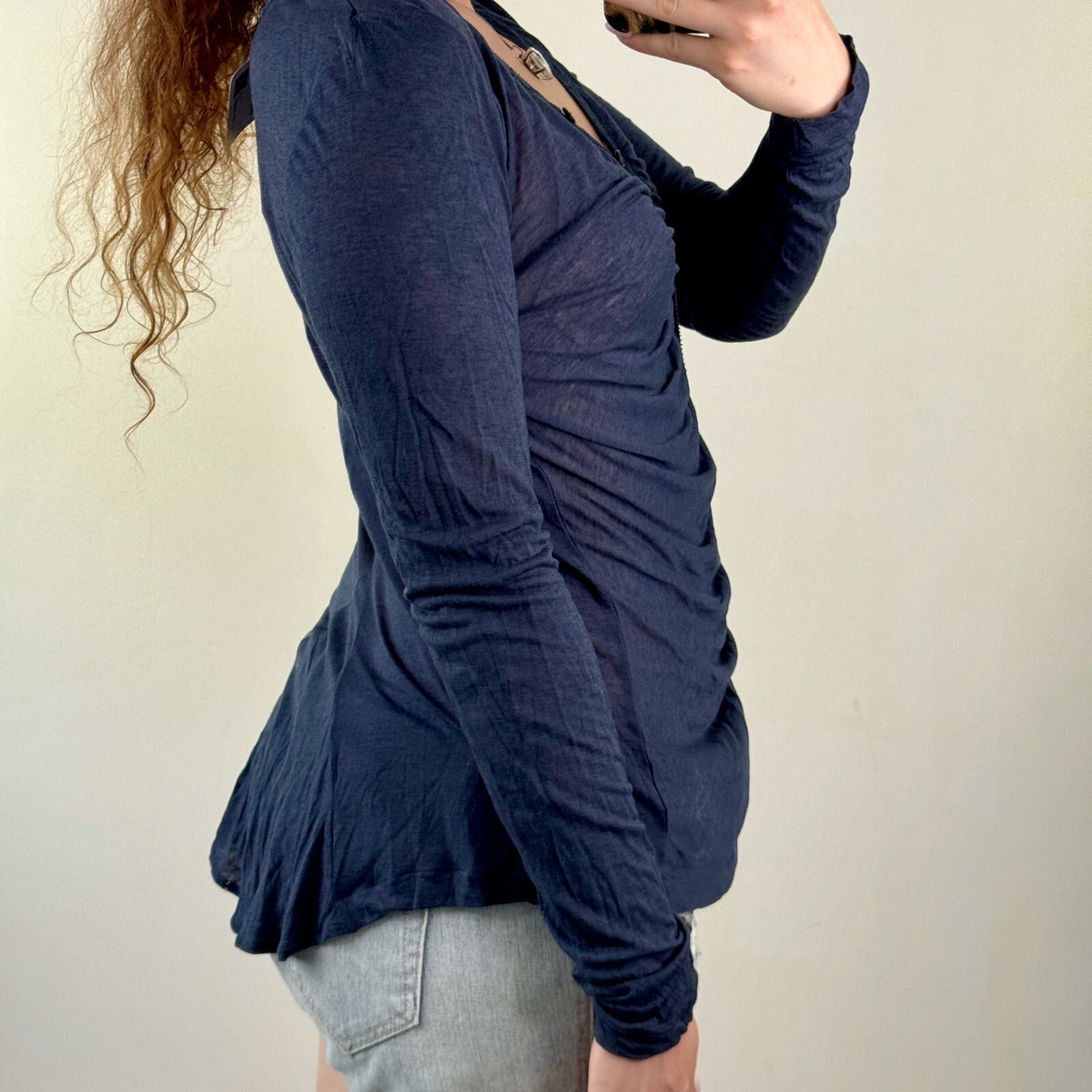 Y2K vintage long sleeve top button up ruched navy sheer lightweight fine knit