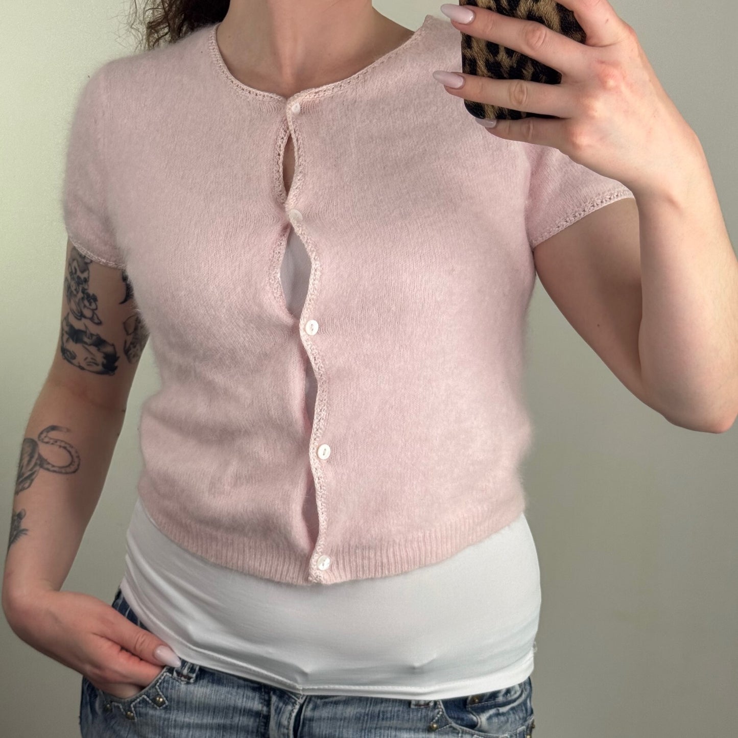 Y2K vintage angora blend short sleeve top button up crop baby pink knit