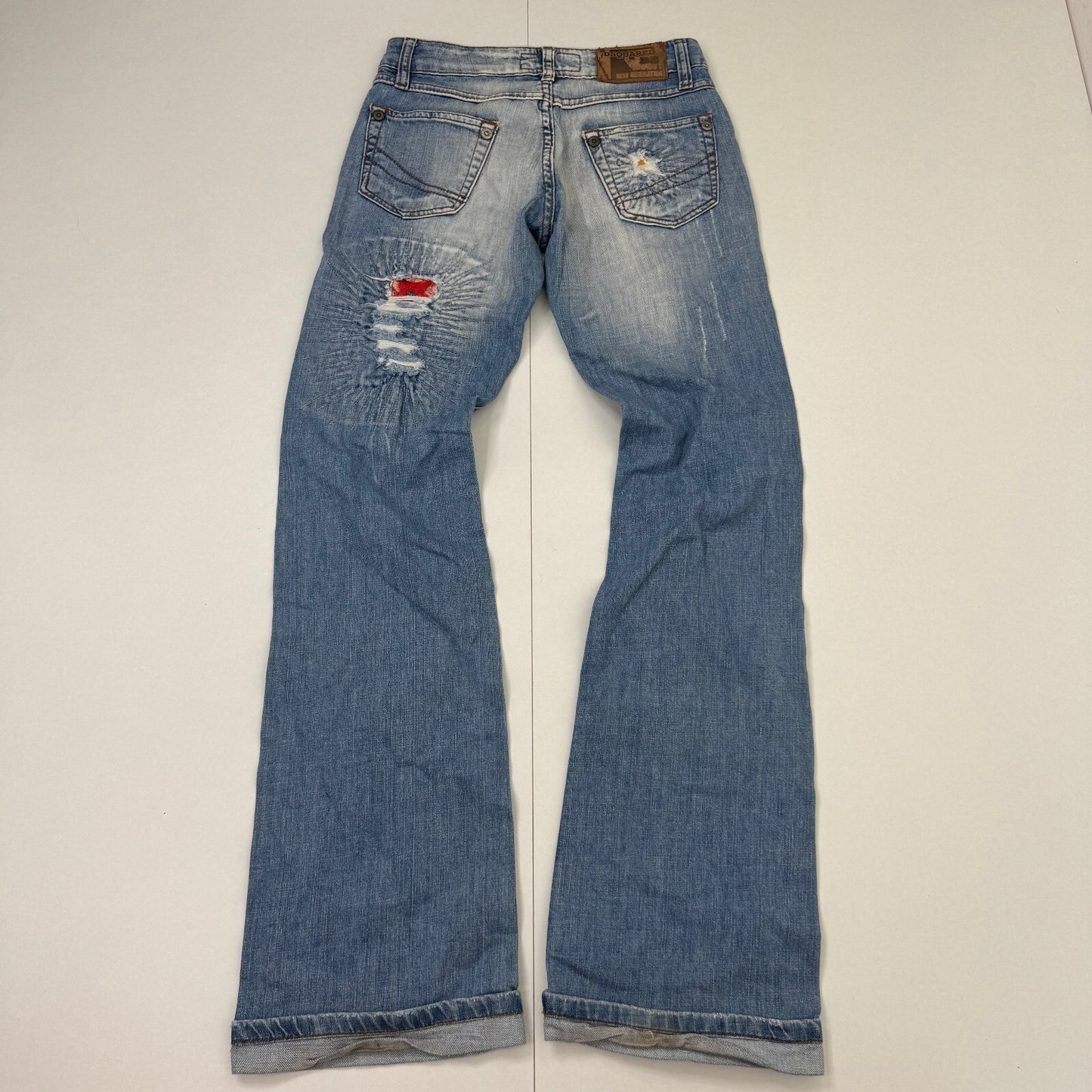 Rare AW03 Dsquared2 Archive Low Rise Distressed Embroidered Flared Jeans W26 L34