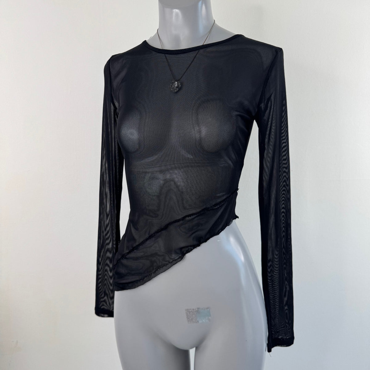 Y2K vintage long sleeve top mesh asymmetrical hem sheer stretchy fitted black