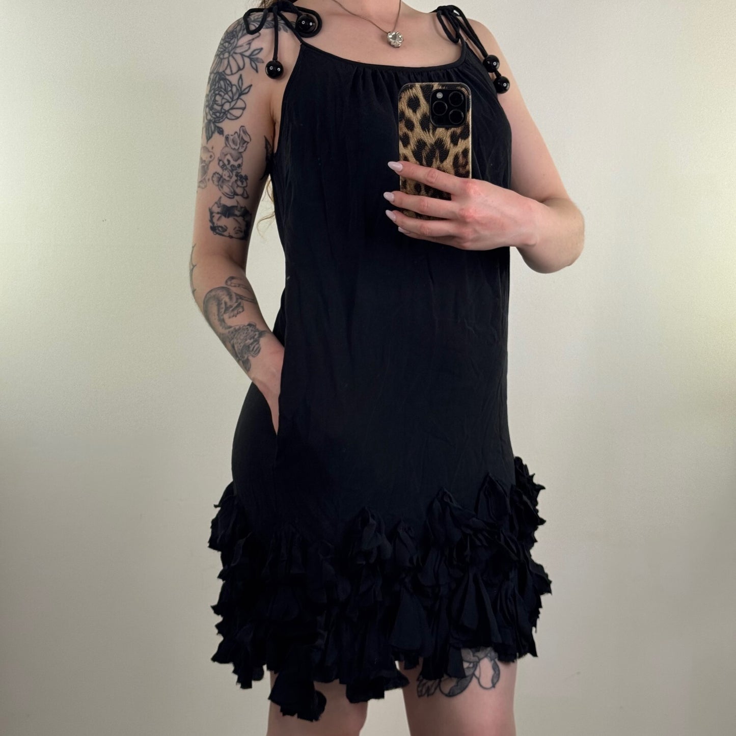 Y2K vintage Jaeger 100% silk midi dress ruffle bead straps bow frilly pockets