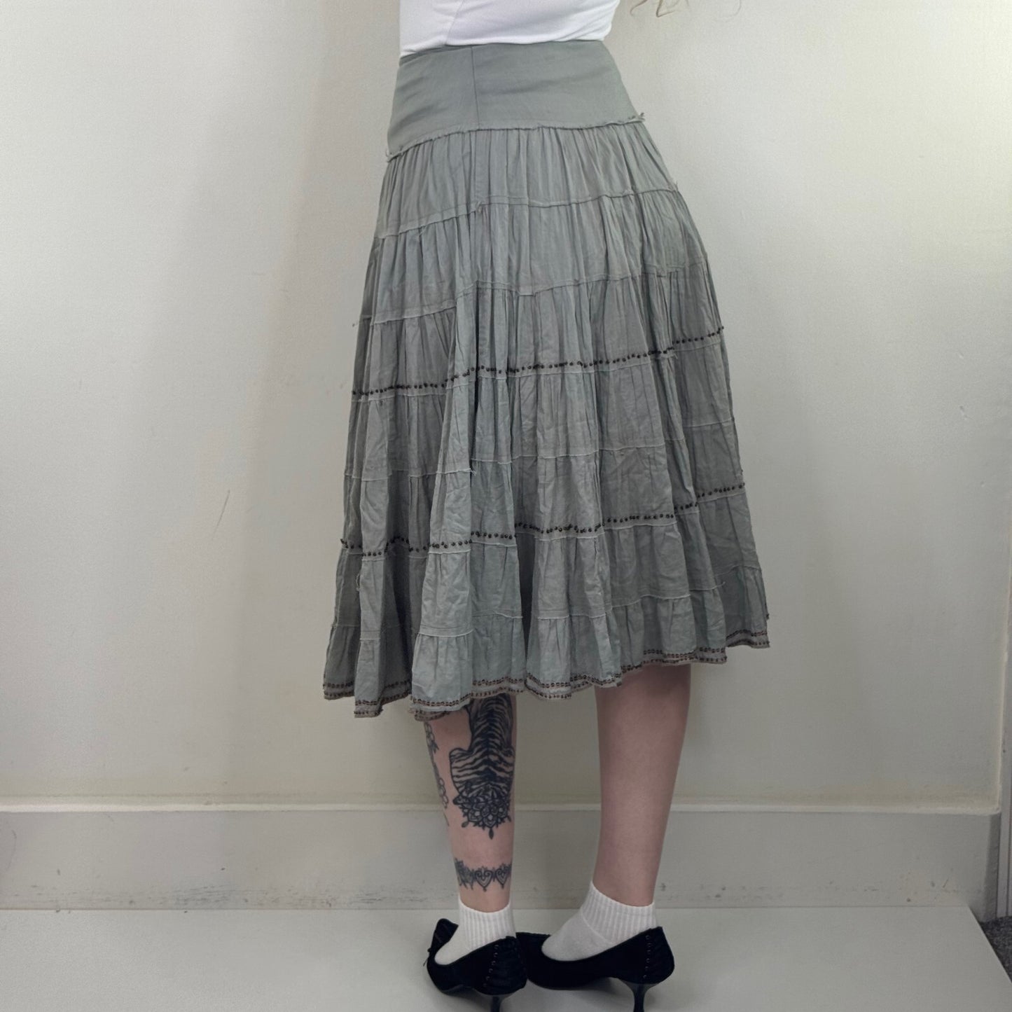 Y2K vintage maxi skirt tiered beaded a line boho summer fraying hem summer