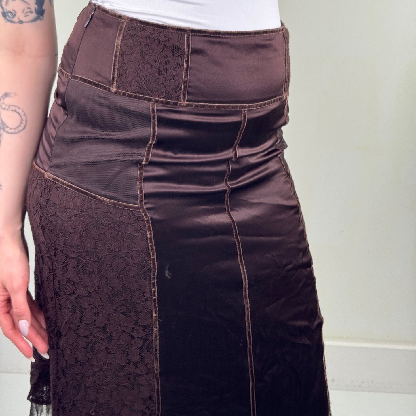 Y2K vintage Karen Millen midi skirt satin lace fairy boho mesh trim brown
