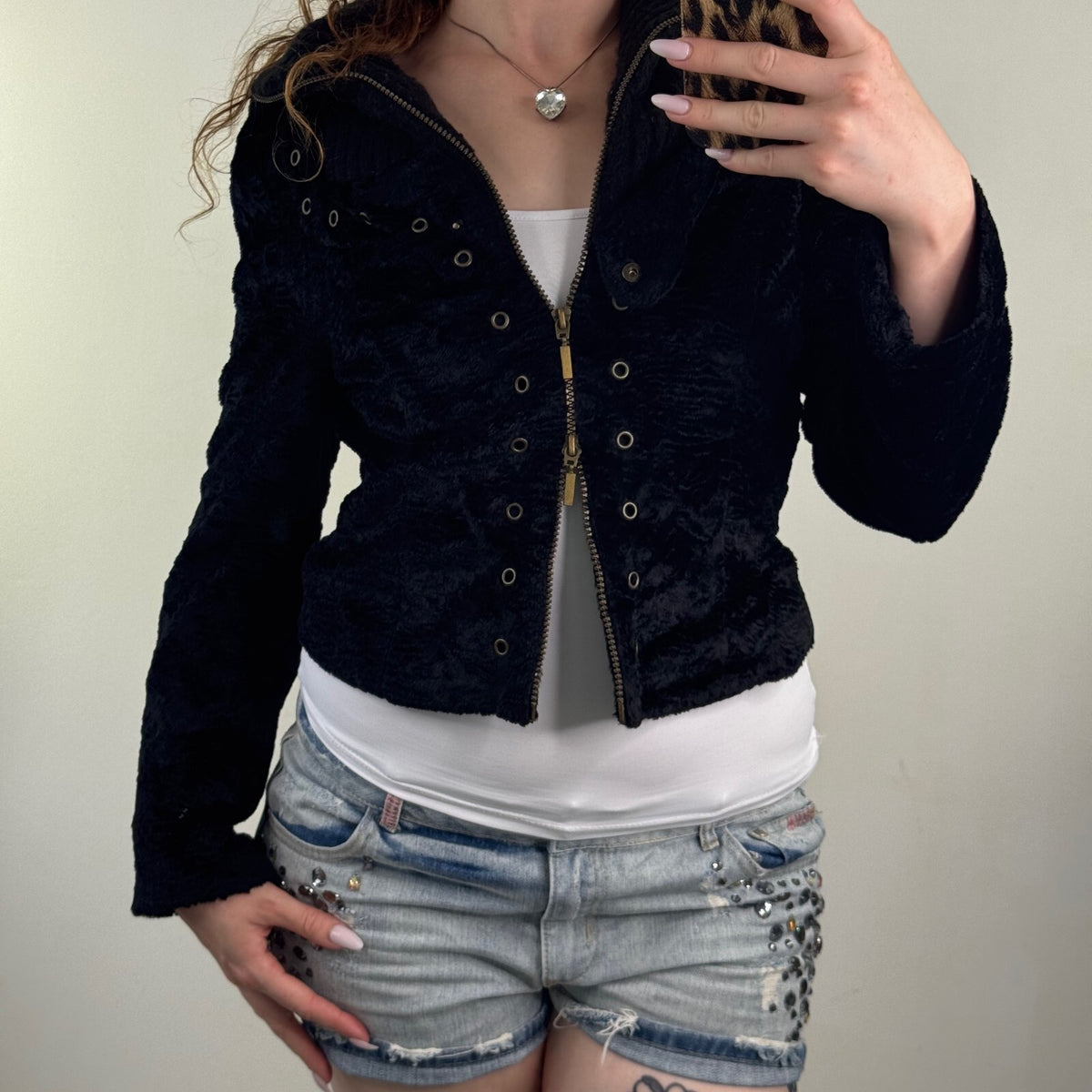 Y2K vintage bomber jacket zip up short grommet high neck knit faux fur archive