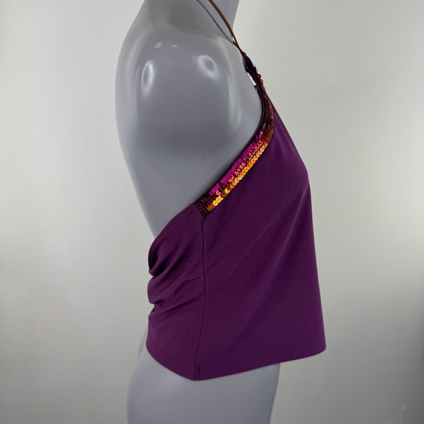 Y2K vintage Bay halter neck top sequin fitted slinky purple clubbing festival