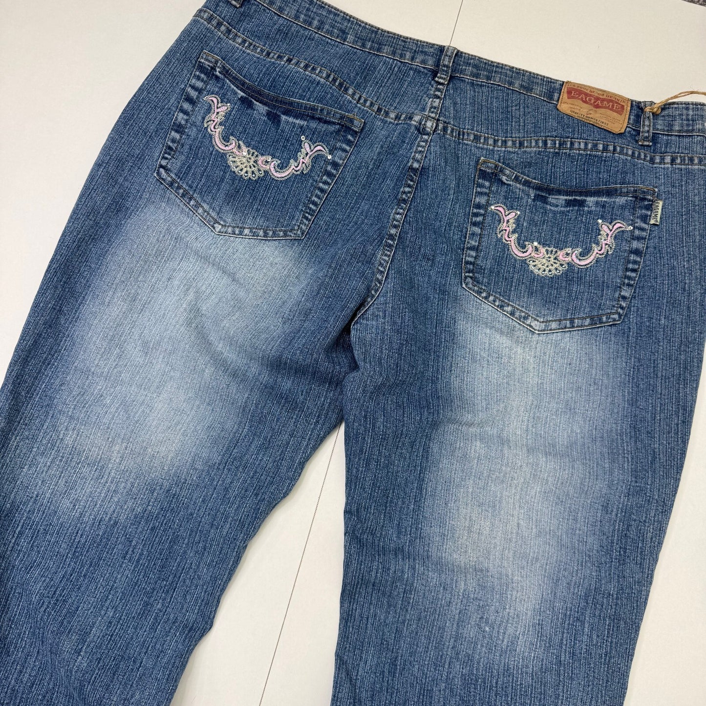 Y2K vintage bootcut denim jeans stretchy rhinestone embroidered faded mid blue
