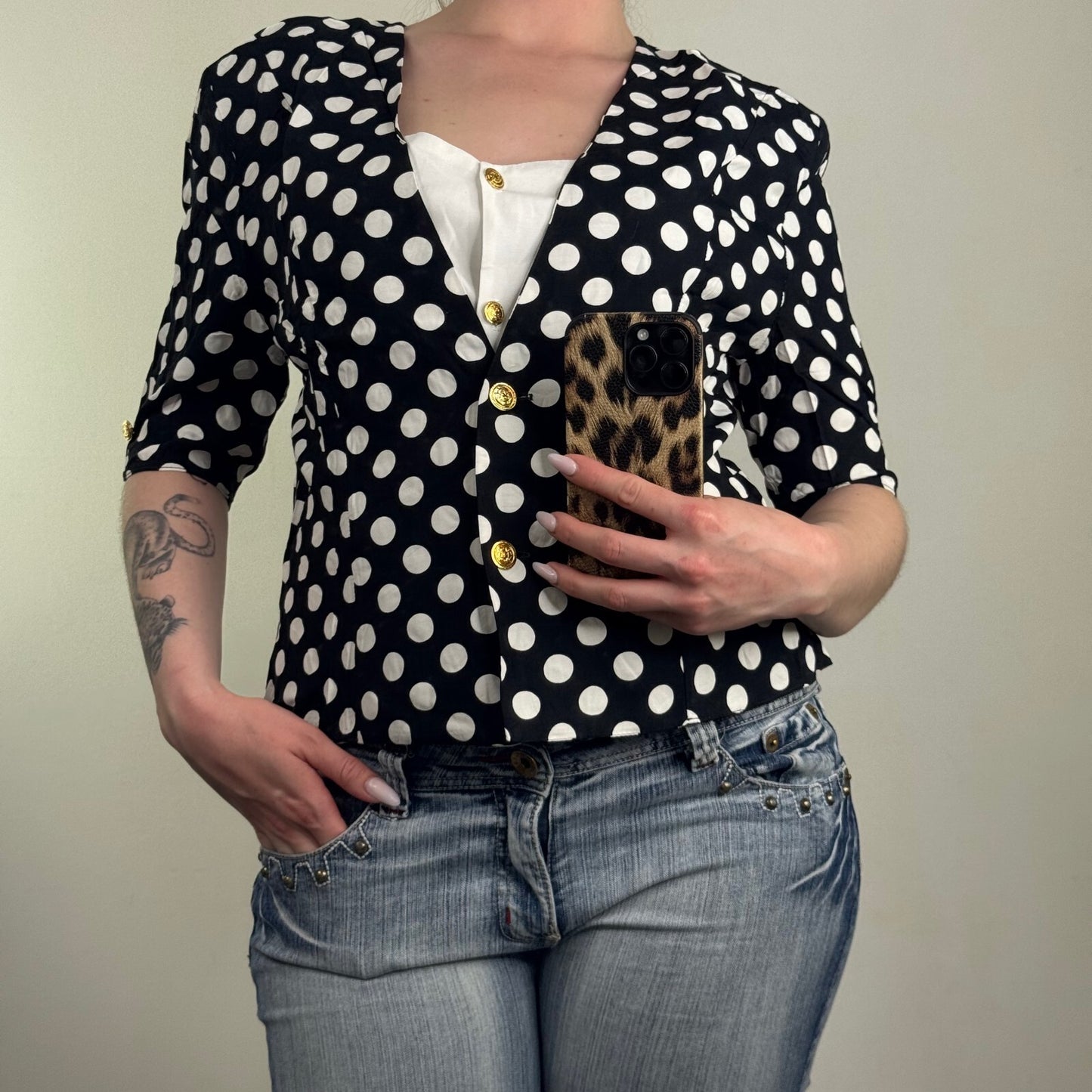 Vintage 80s blouse shoulder pads 3/4 sleeve polka dot shirt buttons tailored