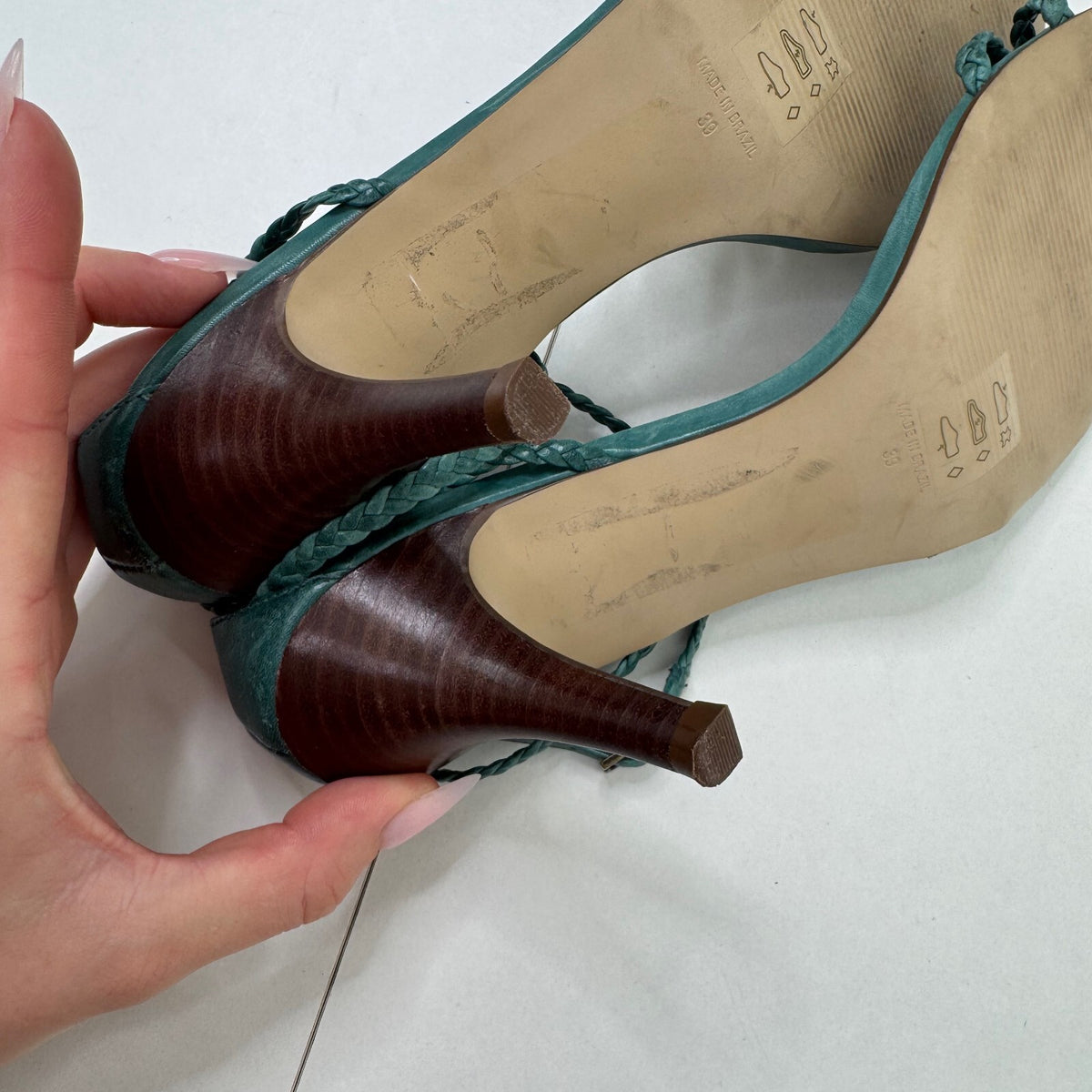Y2K vintage genuine leather high heel strappy braided woven turquoise ankle