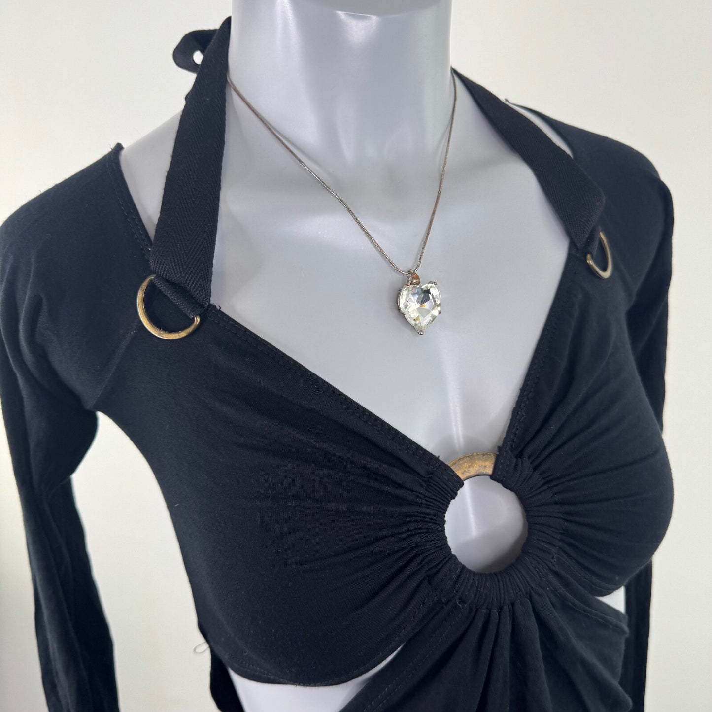 Y2K vintage long sleeve top cut out o ring halter neck v neck low cut