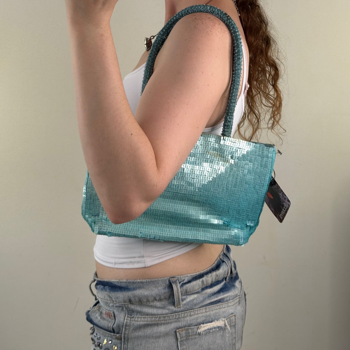 Y2K vintage sequin shoulder bag small turquoise blue beaded