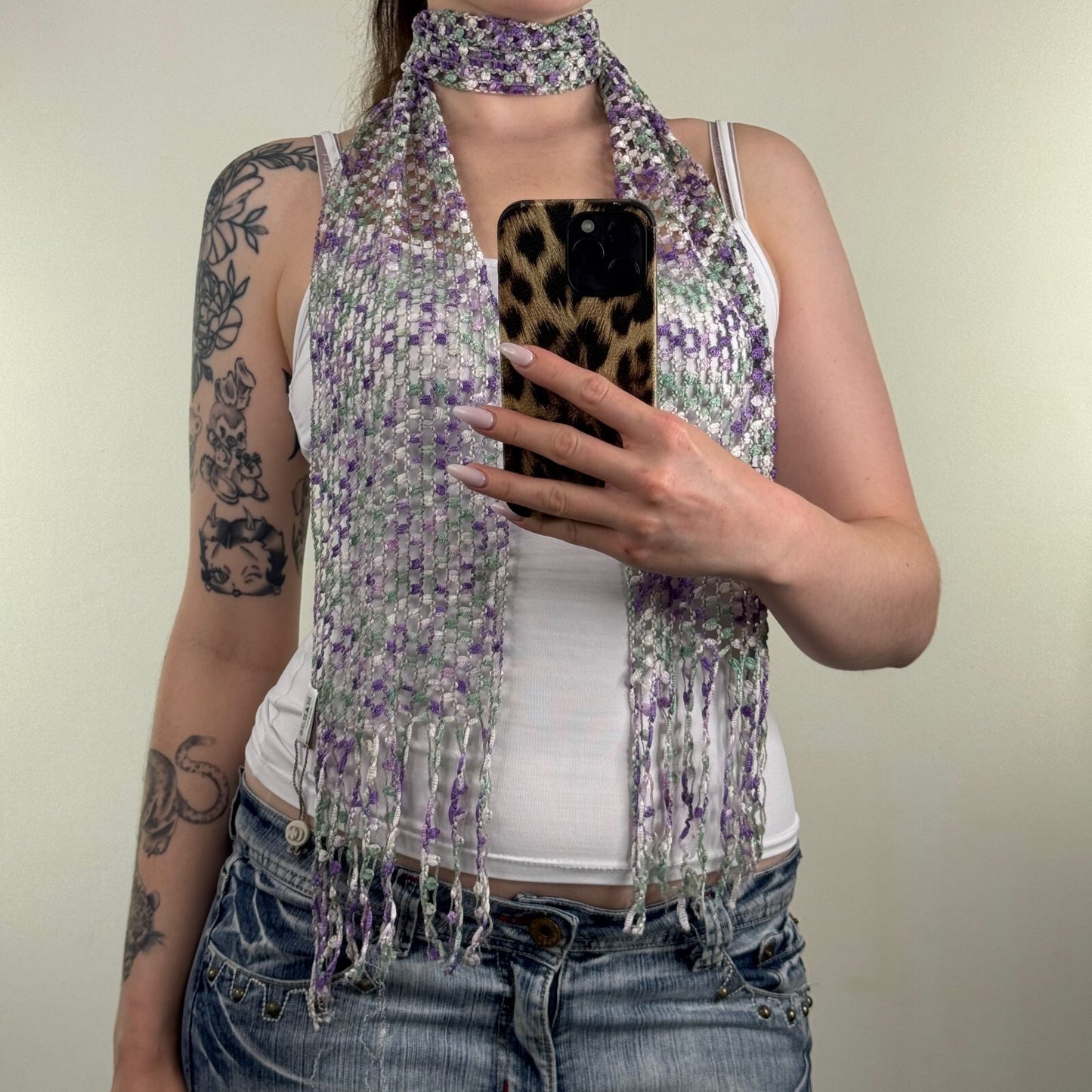 Y2K vintage scarf sheer fine knit fringe purple green skinny thin