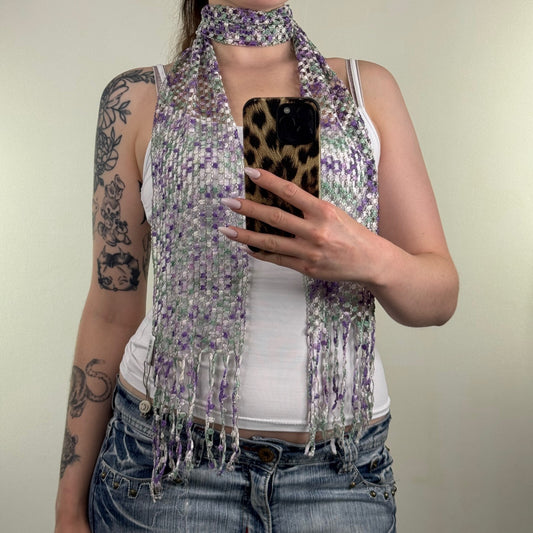 Y2K vintage scarf sheer fine knit fringe purple green skinny thin