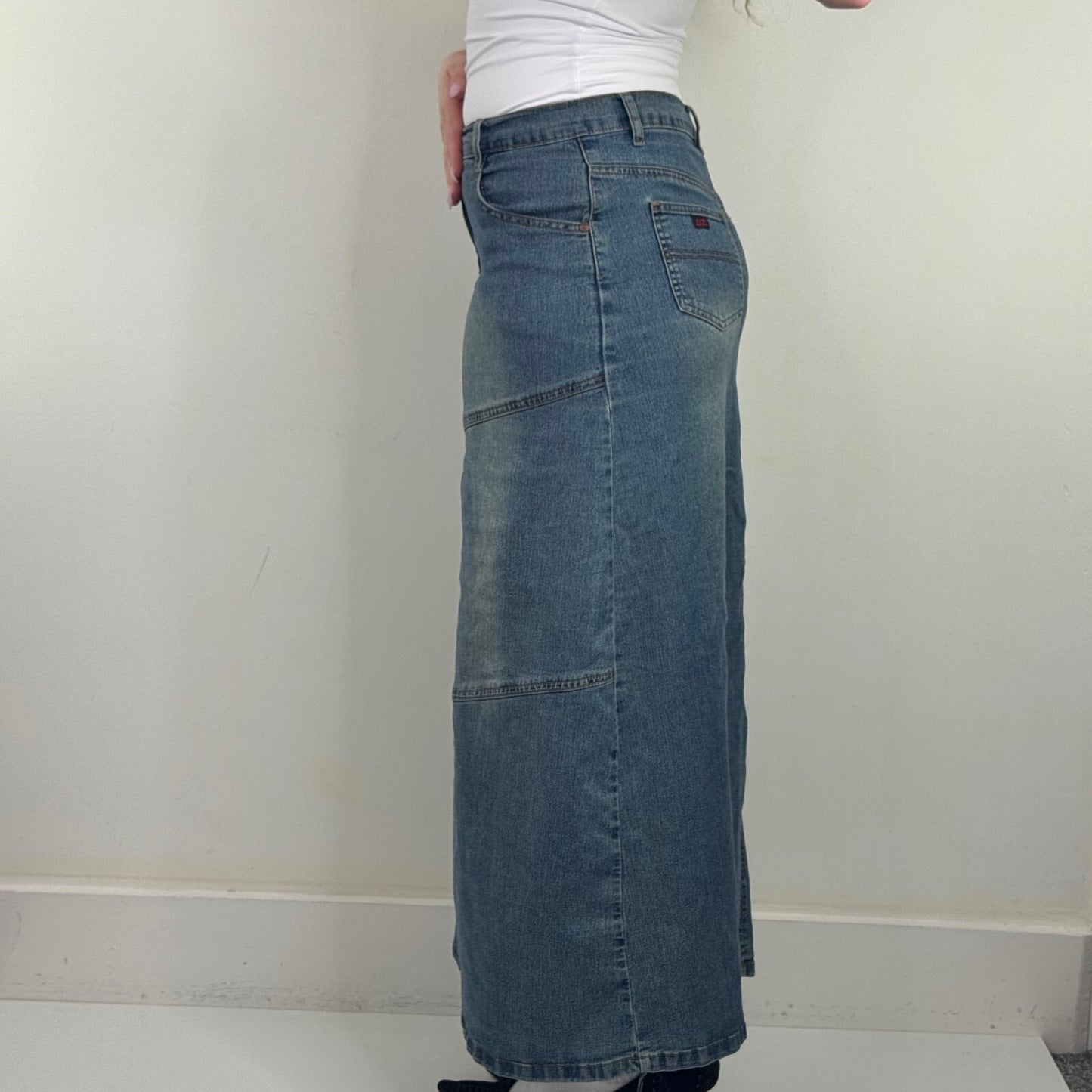 Y2K vintage maxi skirt denim faded mid blue wash stretchy fitted a line slit