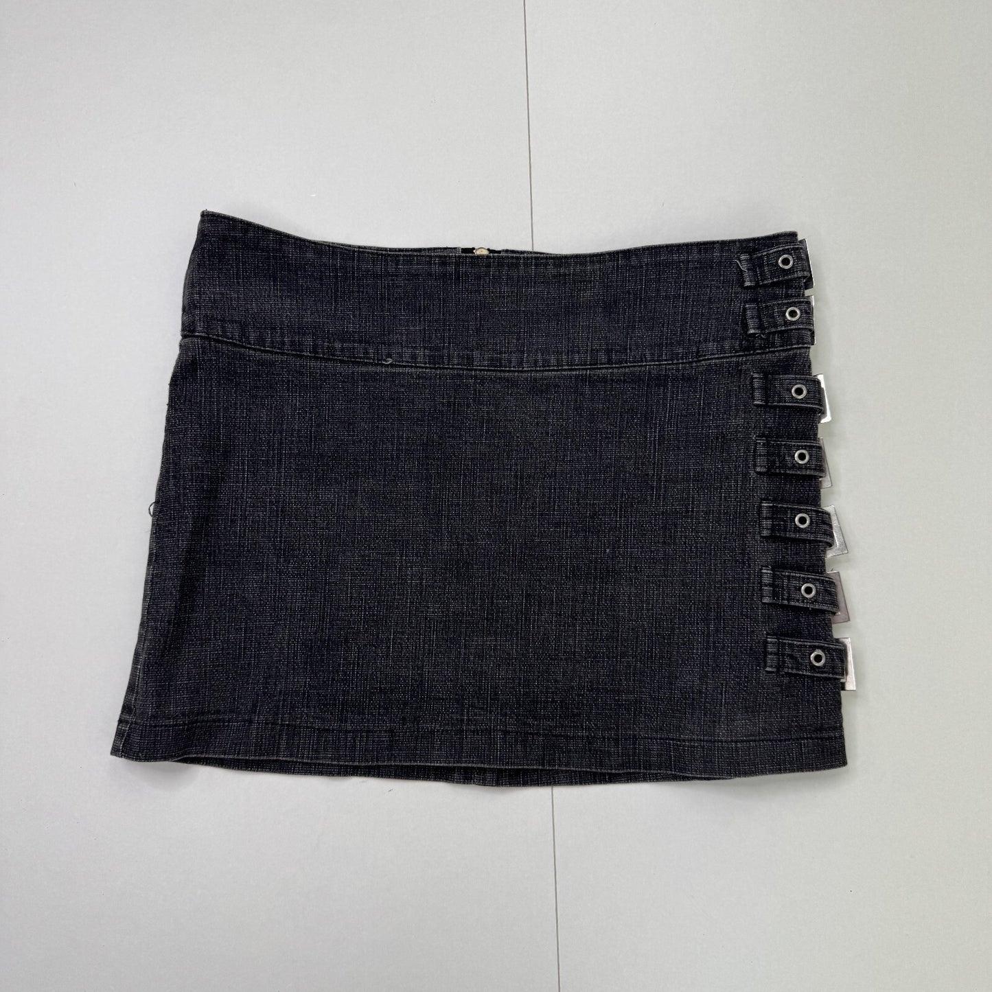 Y2K vintage denim mini skirt buckle stretchy alt archive dark grey eyelet